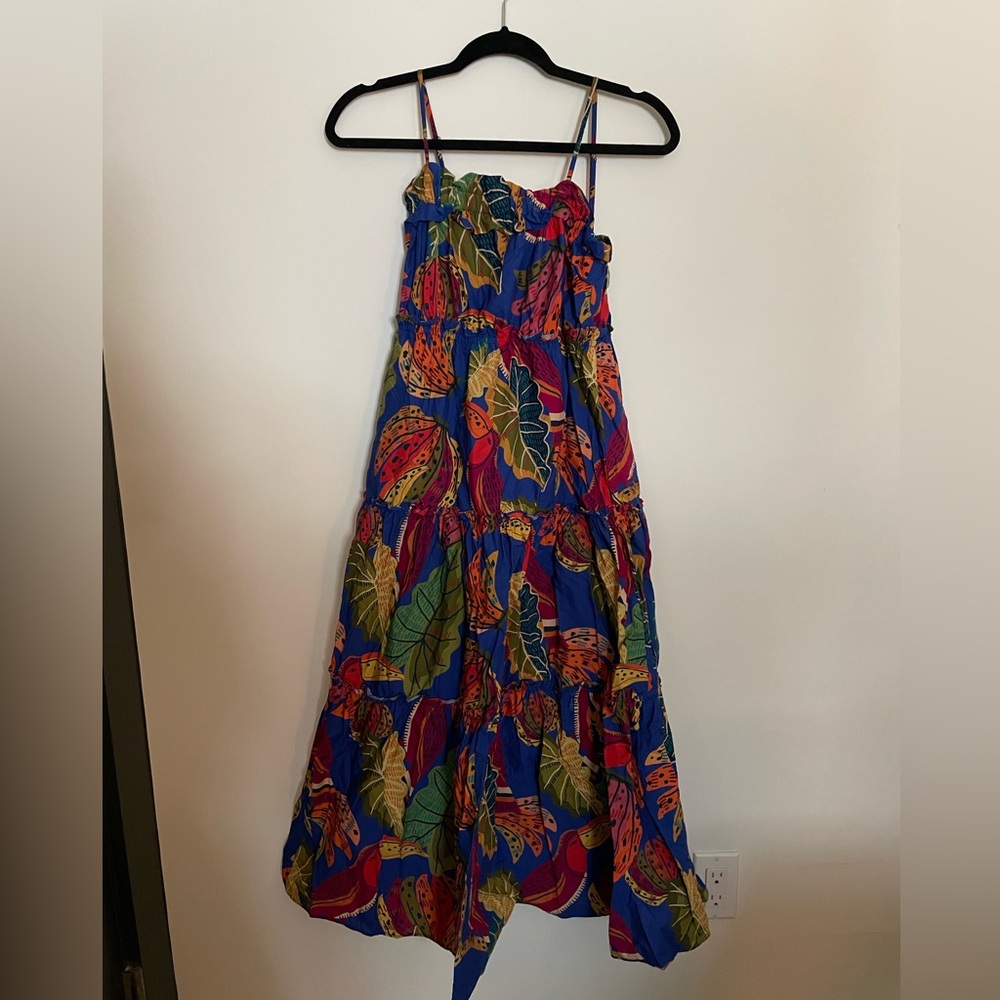 FARM Rio Blue Mulitcolored Banana Leaf Print Midi Dress (Extra Small)